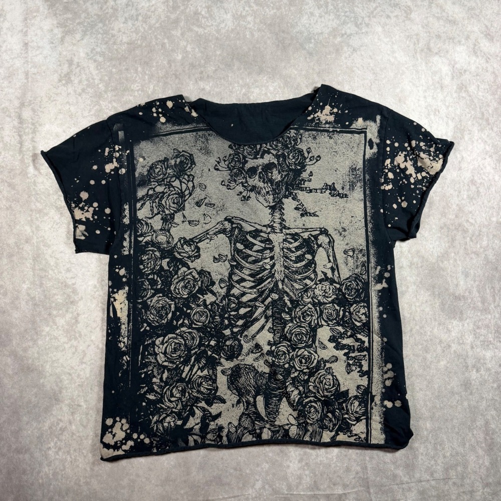 Grateful Dead Bertha Skeleton Roses Bleach Splatter Graphic Tee Black Small